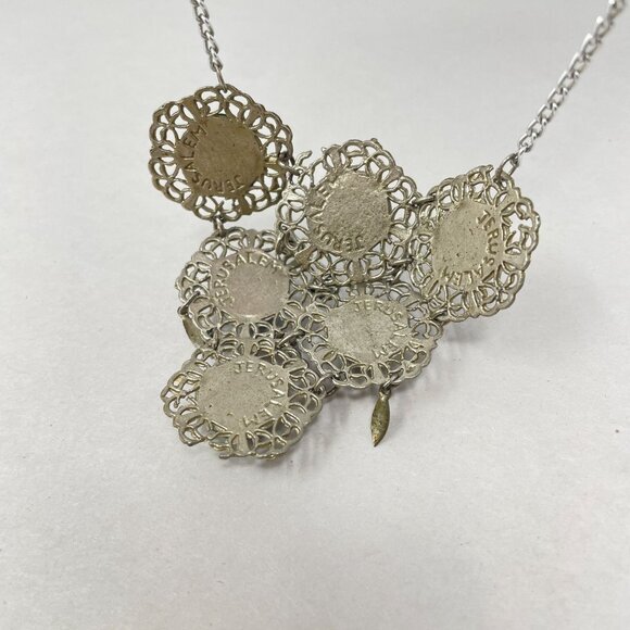 Vintage Boho Necklace Marked Jerusalem Green Natural‎ Funky Long Bib Silver-Tone - Picture 6 of 12